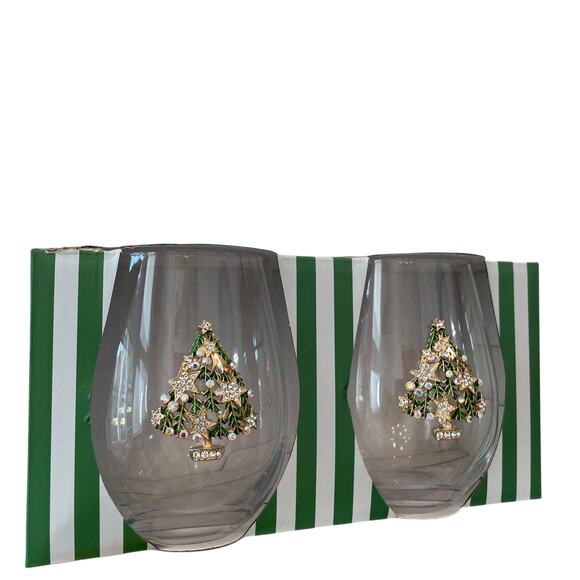 (2) Stemless Wine Glasses Jeweled Christmas Tree Green & Gold Holiday Glam NEW - Picture 6 of 16